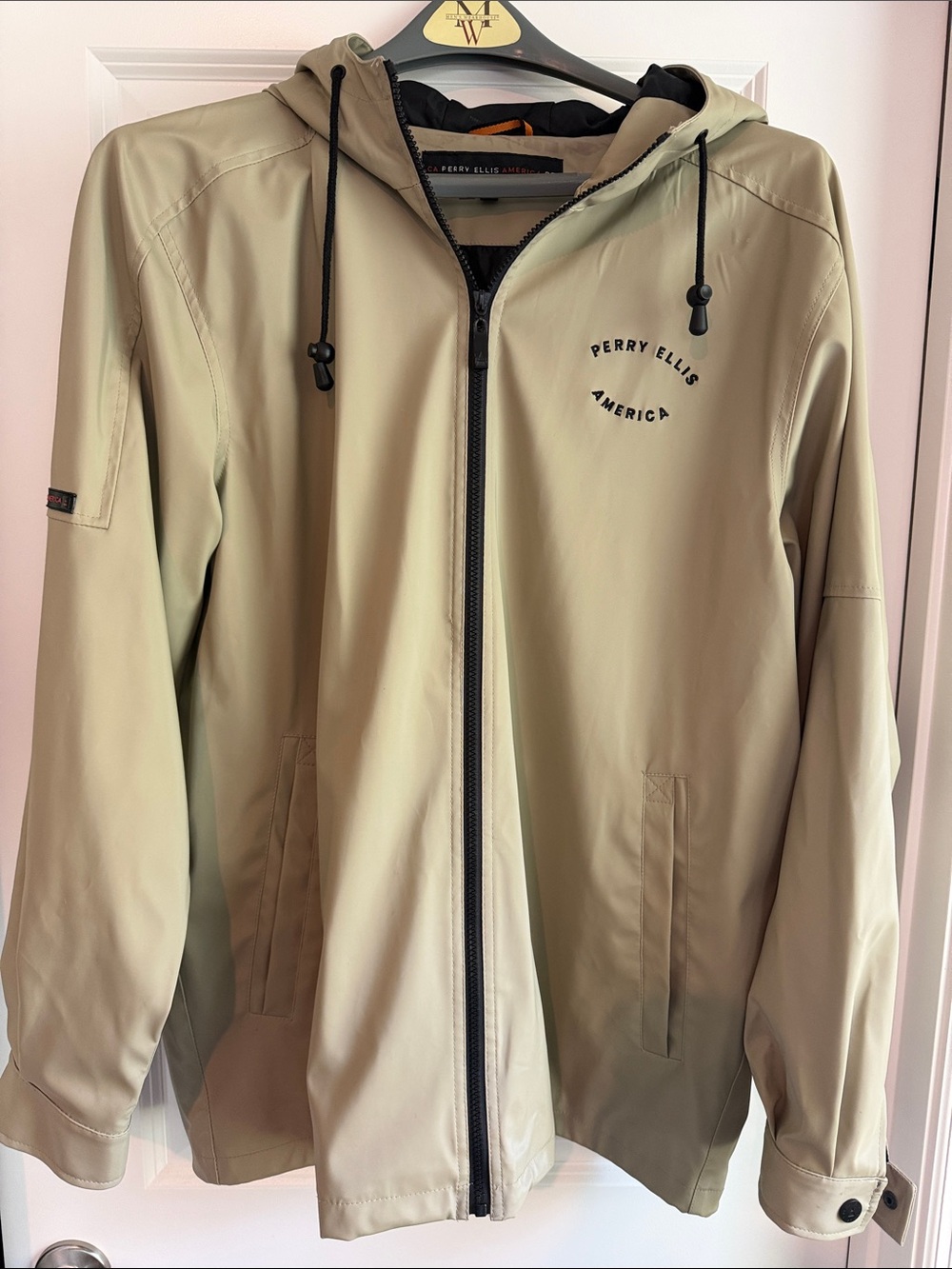 Perry Ellis Olive Green Hooded Raincoat with Black Trim
